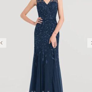 JJs House Dark Navy Trumpet/Mermaid V-Neck Tulle Sequin Lace Evening Dress